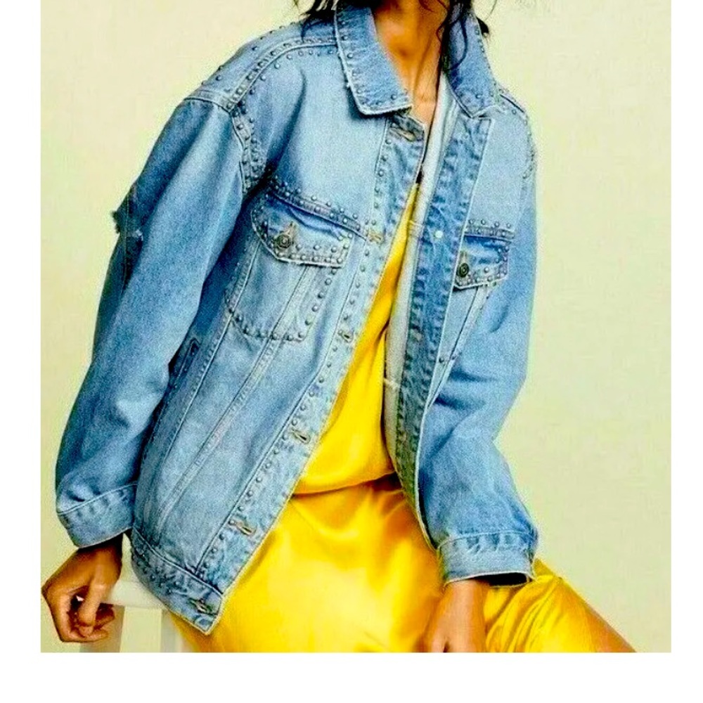 Free People Oversized Distressed Studded Denim Jacket